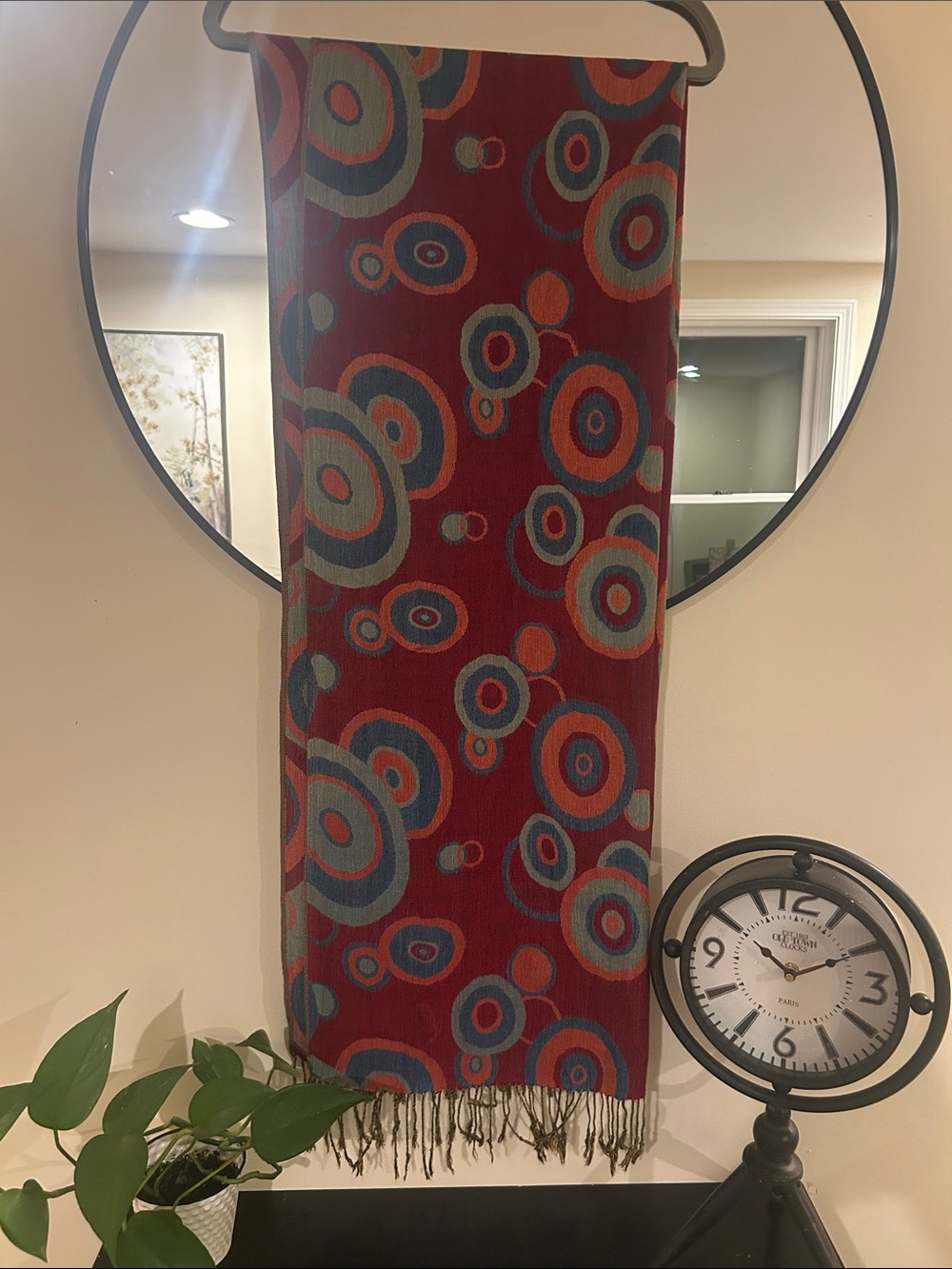 Pashmina oversized reversible Red Scarf with Blue and Teal Circular Motif